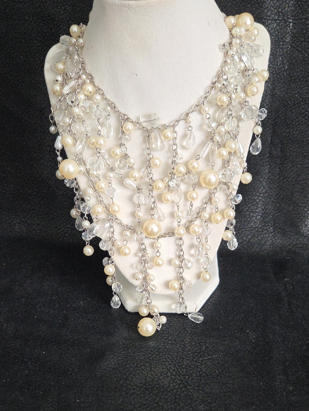 Elegant Ivory Pearl and Crystal Multi-Strand Statement Necklace -